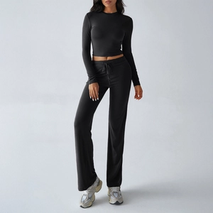 Women Y2K slim fit long sleeve crop top and drawstring sweatpants set in black
