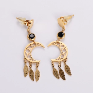 Crescent Moon Dreamcatcher Drop Earrings 18K Gold Plated Stainless Steel With Black Stone Leaf Feather Tassels For Women