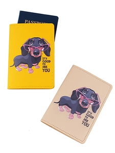 Yellow and beige PU leather passport covers with cartoon dachshund and text print