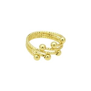 Close-up of golden multi-layer wrap ring with textured bands and polished bead ends