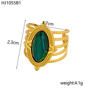 Detailed view of vintage gold ring featuring a green oval stone with size and weight metrics