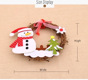 Size display showing height and width of wooden Christmas wreath with snowman decoration