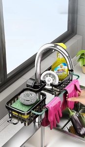 Dual-tier black metal faucet rack with towel bar for organized kitchen sink storage
