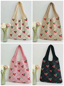 Detailed grid view of knitted cherry tote bags in beige, khaki, pink, and black colors