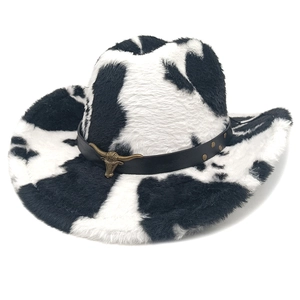 Cappello Da Cowboy Western Pelliccia Sintetica Stampa Muccata Con Testa Di Toro In Metallo Cintura In Pelle Peluche Caldo