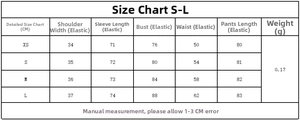 Detailed size chart for lace bodysuit and mini skirt set with S to L measurements in CM
