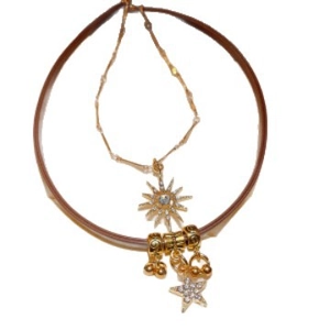 Vintage sun pendant necklace with tiger eye stone and crystals on a gold chain