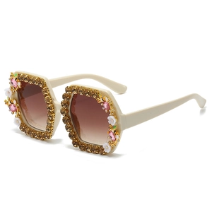 Chic oversized square sunglasses with cream frame, brown rhinestones, and bee accents