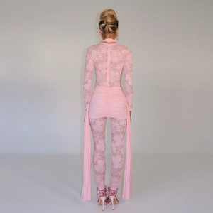 Back view of a sexy pink lace bodysuit with long sleeves and elegant side ribbons