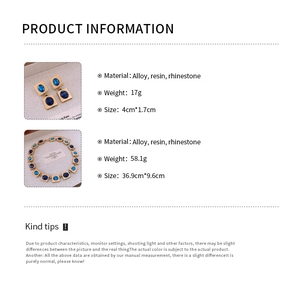 Detail specifications for vintage blue rhinestone necklace and earrings set with measurements