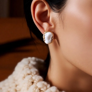 Detail of vintage oval stud earring with white pearl inlay and gold accents on model