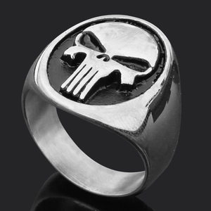 Vintage stainless steel Viking wolf head and skull ring with antique silver finish