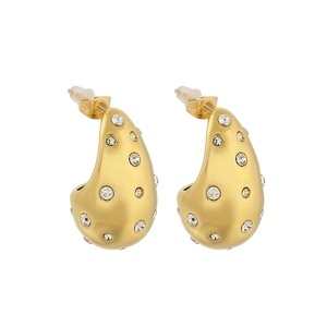 Polished gold hollow teardrop earrings with sparkling rhinestones and matte finish