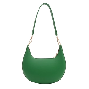 Minimalist green hobo shoulder bag in crescent shape with smooth leather texture