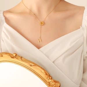 Lariat Y Necklace 18K Gold Plated Titanium Steel Hollow Initial Letter M H D Pendant Round Charm Cubic Zirconia For Women