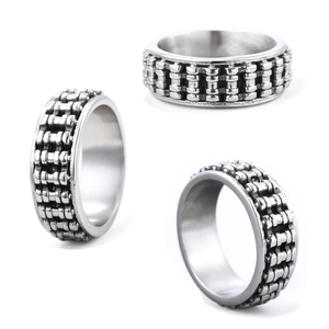 Men Stainless Steel Ring Mechanical Chain Link Texture Industrial Retro Distressed Biker Punk Band Jewelry