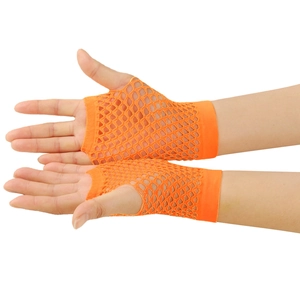 Close-up of bright orange fishnet fingerless gloves with elastic knit texture and hemmed edges