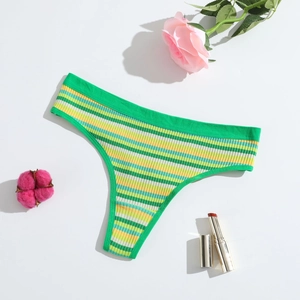Green ribbed cotton thong with colorful stripes for women, breathable low waist design