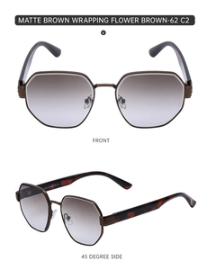Detailed front and side views of matte brown metal square sunglasses with gradient lenses