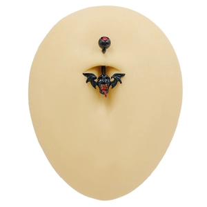 Black skull and bat wing belly button ring with red rhinestones and drip oil effect