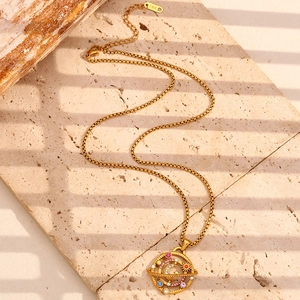 18K gold plated compass pendant necklace with colorful zircons and celestial moon star motifs