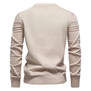 Men's crewneck knit sweater in beige with ribbed cuffs and hem, back view on white background