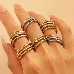 Chic two-tone stainless steel layered ring set with sparkling zircon inlays for women