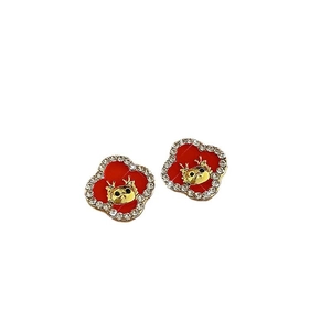 Golden red enamel four-leaf clover dragon stud earrings with sparkling crystals for women