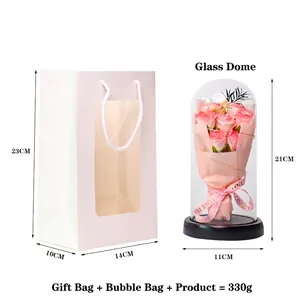 Preserved soap rose in glass dome with warm LED lights and elegant white gift bag