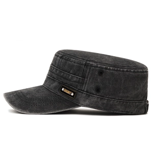 Vintage washed cotton flat top military cap in dark grey with sport side patch
