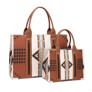 Set of two bohemian woven tote bags in brown and beige with Aztec geometric patterns