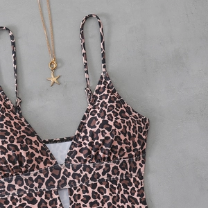 Close-up of leopard print swimsuit with deep V-neckline and adjustable thin straps