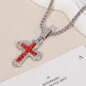 Hip hop silver cross necklace with red zircon pendant on a vintage box chain style