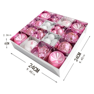 Top view of pink and white Christmas ornament set box with dimensions 24x24x6cm