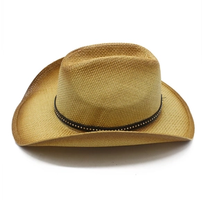 Detail view of woven straw cowboy hat with black studded band and curved brim