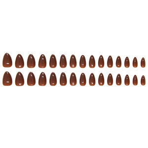 Glossy chocolate brown almond shaped press-on nails set of 24 pieces on white background
