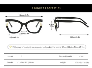 Size chart showing frame dimensions and pearl temple details for cat eye glasses