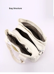 Detail view of canvas tote bag structure with three compartments and striped lining