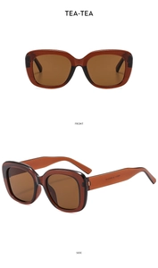 Front and side macro views of square amber jelly-color sunglasses with metal hinges