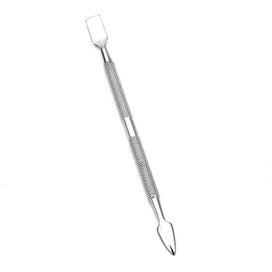 Dual-ended stainless steel nail cuticle pusher tool with non-slip textured metal handle