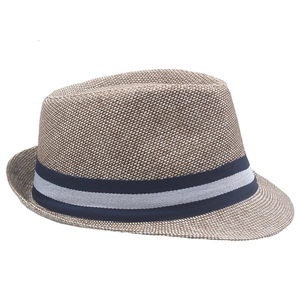 Detail of woven straw fedora hat featuring a classic blue and grey striped ribbon band