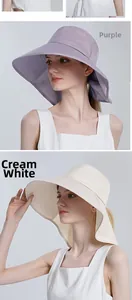 Wide-brim sun hat with neck protection flap in purple and cream white colors