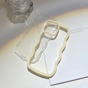 Detailed close-up of a wavy beige phone case with stylish prism rainbow light effects