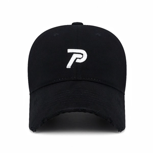 Distressed black baseball cap with white embroidered P letter on front in twill cotton