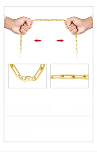 Detail of S925 Italy hallmark on gold paperclip chain necklace with tension test view