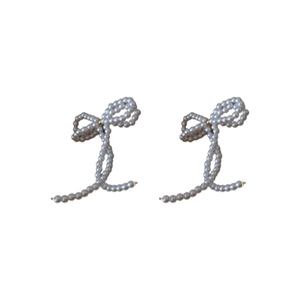 Elegant silver bow earrings with imitation pearls and tassel design for women
