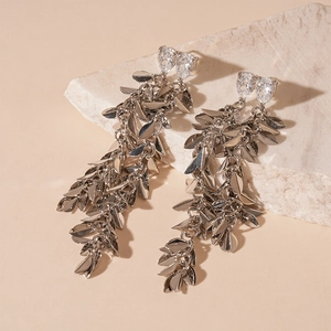Elegant long zircon leaf tassel earrings with silver finish and sparkling drop stones