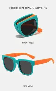 Foldable kids sunglasses with teal frame and orange temples showing compact storage detail