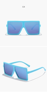 Detail view of bright blue oversized square kids sunglasses with mirrored blue lenses
