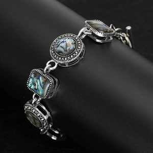 Vintage bohemian abalone shell bracelet with retro alloy frames and secure OT toggle clasp